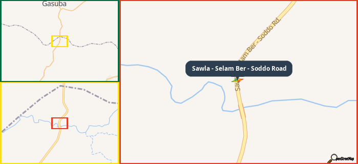 Map showing the address of Sawla - Selam Ber - Soddo Road in three different zoom levels.