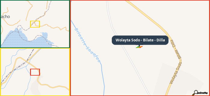 Map showing the address of Wolayta Sodo - Bilate - Dilla in three different zoom levels.