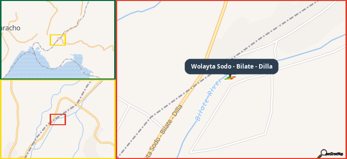 Map showing the address of Wolayta Sodo - Bilate - Dilla in three different zoom levels.