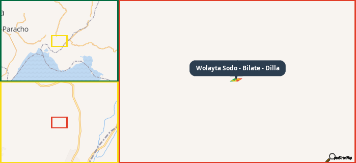 Map showing the address of Wolayta Sodo - Bilate - Dilla in three different zoom levels.