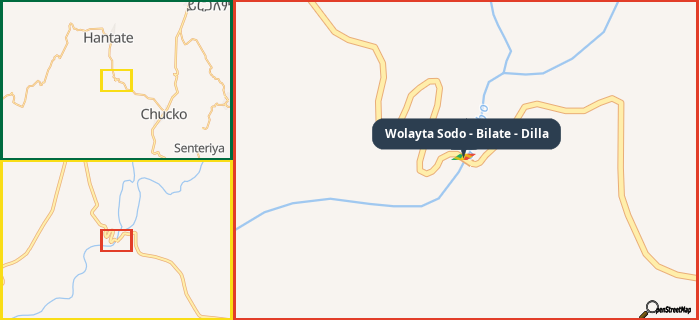 Map showing the address of Wolayta Sodo - Bilate - Dilla in three different zoom levels.