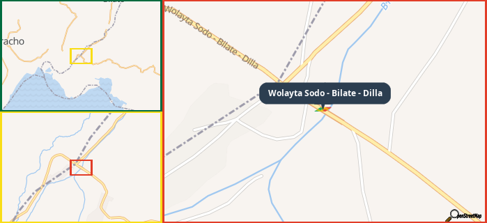 Map showing the address of Wolayta Sodo - Bilate - Dilla in three different zoom levels.