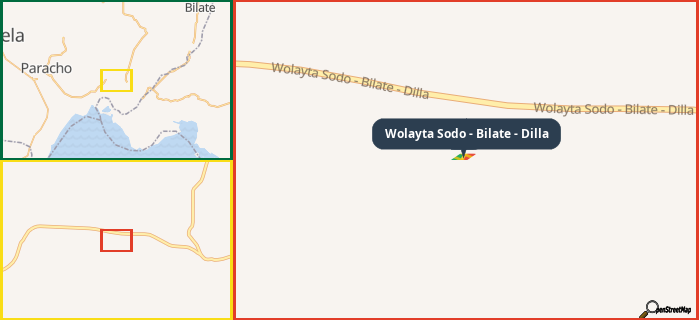 Map showing the address of Wolayta Sodo - Bilate - Dilla in three different zoom levels.