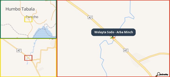 Map showing the address of Wolayta Sodo - Arba Minch in three different zoom levels.