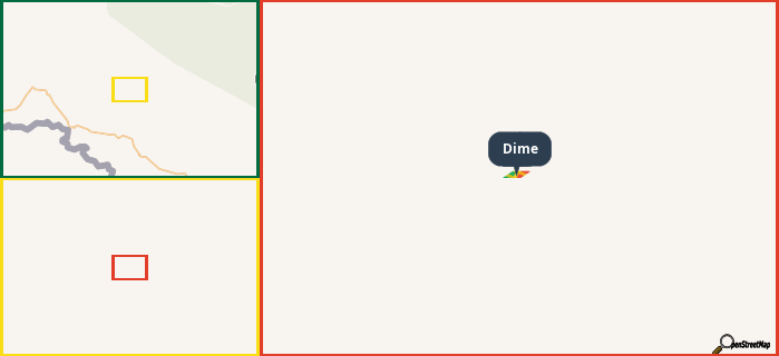 Map showing the address of Dime in three different zoom levels.