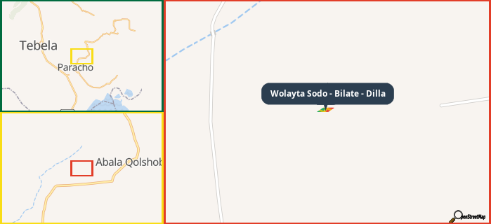 Map showing the address of Wolayta Sodo - Bilate - Dilla in three different zoom levels.