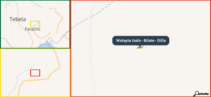 Map showing the address of Wolayta Sodo - Bilate - Dilla in three different zoom levels.