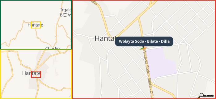 Map showing the address of Wolayta Sodo - Bilate - Dilla in three different zoom levels.