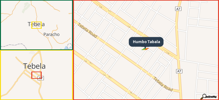 Map showing the address of Humbo Tabala in three different zoom levels.