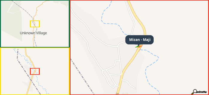 Map showing the address of Mizan - Maji in three different zoom levels.