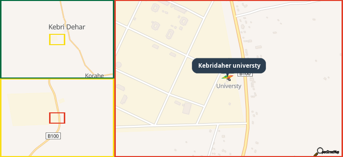 Map showing the address of Kebridaher universty in three different zoom levels.
