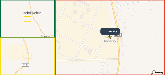 Map showing the address of Universty in three different zoom levels.