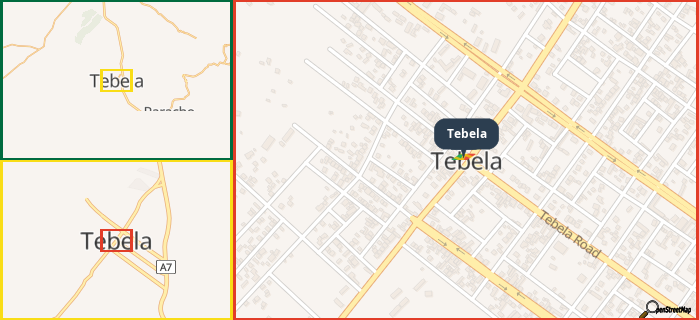 Map showing the address of Tebela in three different zoom levels.