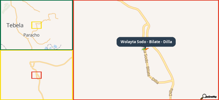 Map showing the address of Wolayta Sodo - Bilate - Dilla in three different zoom levels.