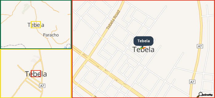 Map showing the address of Tebela in three different zoom levels.