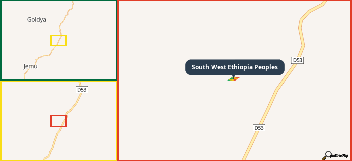 Map showing the address of South West Ethiopia Peoples in three different zoom levels.