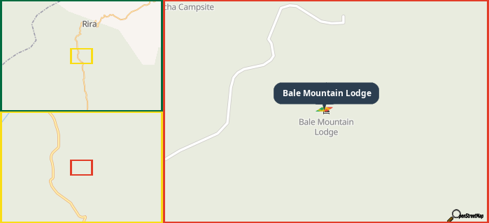 Map showing the address of Bale Mountain Lodge in three different zoom levels.