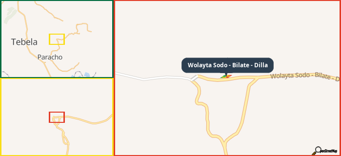Map showing the address of Wolayta Sodo - Bilate - Dilla in three different zoom levels.