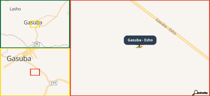 Map showing the address of Gasuba - Esho in three different zoom levels.