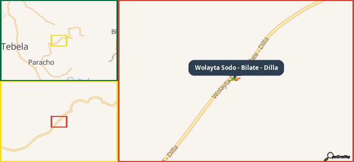 Map showing the address of Wolayta Sodo - Bilate - Dilla in three different zoom levels.