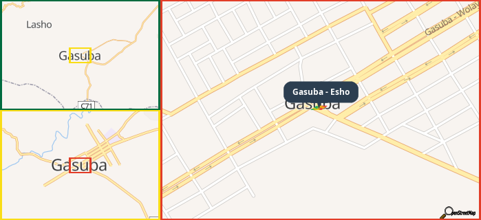 Map showing the address of Gasuba - Esho in three different zoom levels.