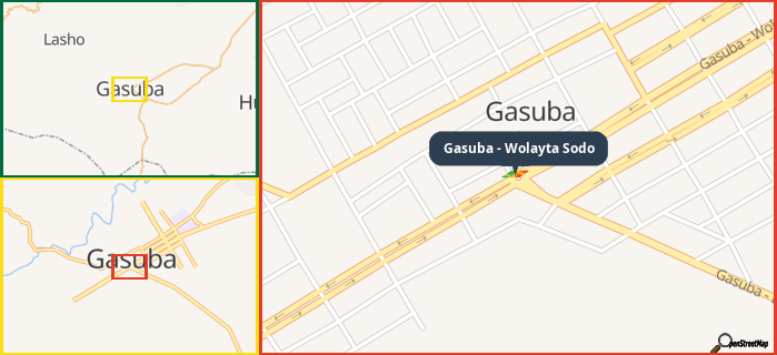 Map showing the address of Gasuba - Wolayta Sodo in three different zoom levels.