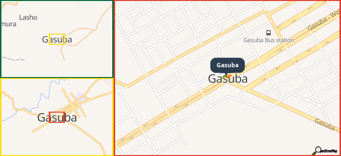 Map showing the address of Gasuba in three different zoom levels.