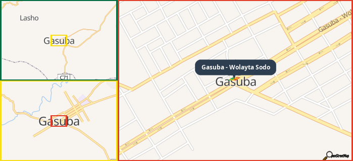 Map showing the address of Gasuba - Wolayta Sodo in three different zoom levels.