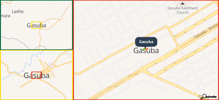 Map showing the address of Gasuba in three different zoom levels.