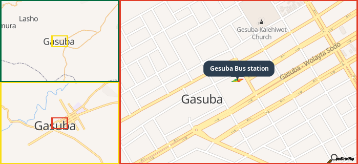 Map showing the address of Gesuba Bus station in three different zoom levels.