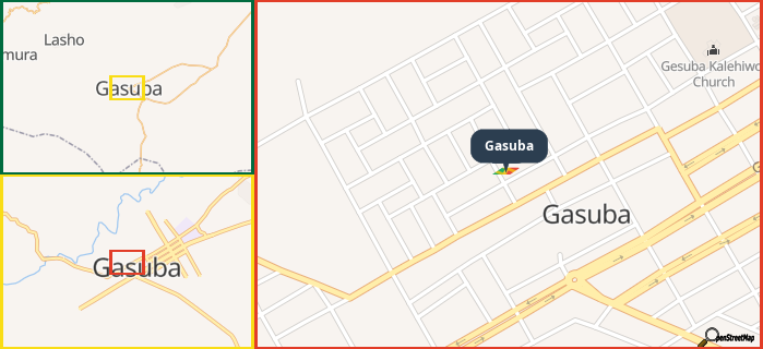 Map showing the address of Gasuba in three different zoom levels.