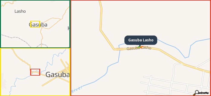 Map showing the address of Gasuba Lasho in three different zoom levels.