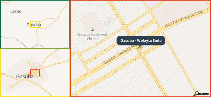 Map showing the address of Gasuba - Wolayta Sodo in three different zoom levels.