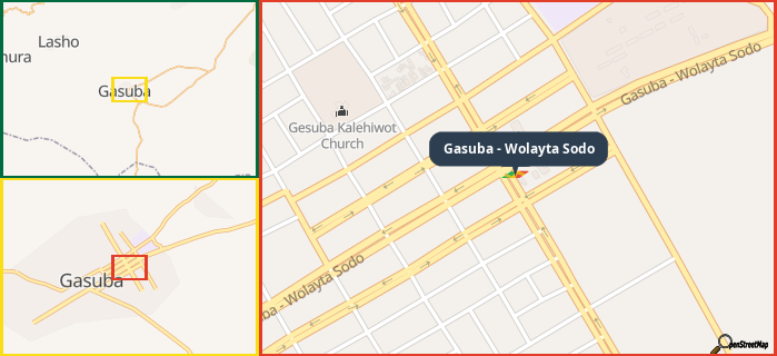 Map showing the address of Gasuba - Wolayta Sodo in three different zoom levels.