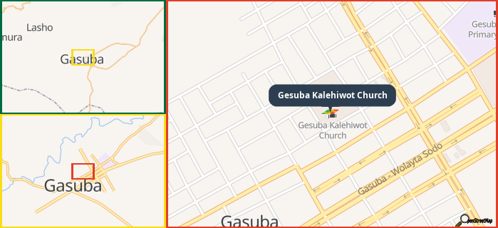 Map showing the address of Gesuba Kalehiwot Church in three different zoom levels.