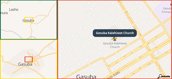 Map showing the address of Gesuba Kalehiwot Church in three different zoom levels.