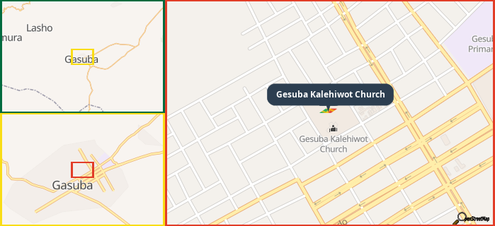 Map showing the address of Gesuba Kalehiwot Church in three different zoom levels.