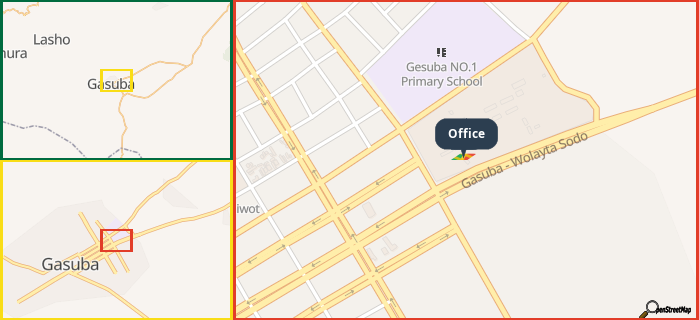 Map showing the address of Office in three different zoom levels.