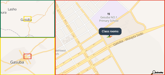 Map showing the address of Class rooms in three different zoom levels.