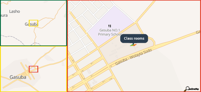 Map showing the address of Class rooms in three different zoom levels.