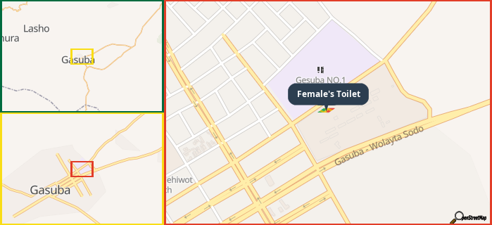 Map showing the address of Female's Toilet in three different zoom levels.