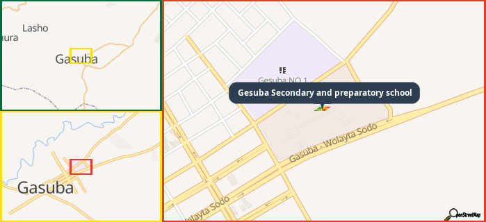Map showing the address of Gesuba Secondary and preparatory school in three different zoom levels.