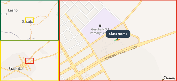 Map showing the address of Class rooms in three different zoom levels.