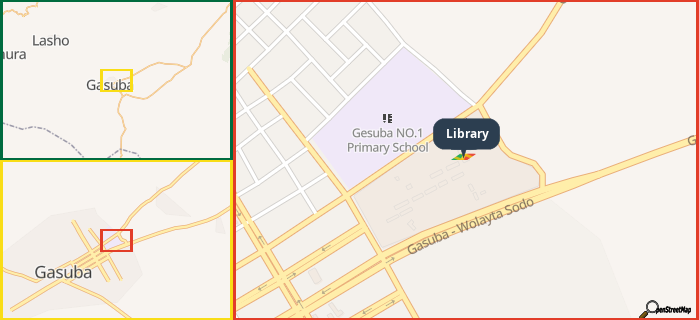 Map showing the address of Library in three different zoom levels.