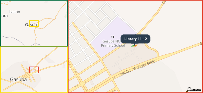 Map showing the address of Library 11-12 in three different zoom levels.