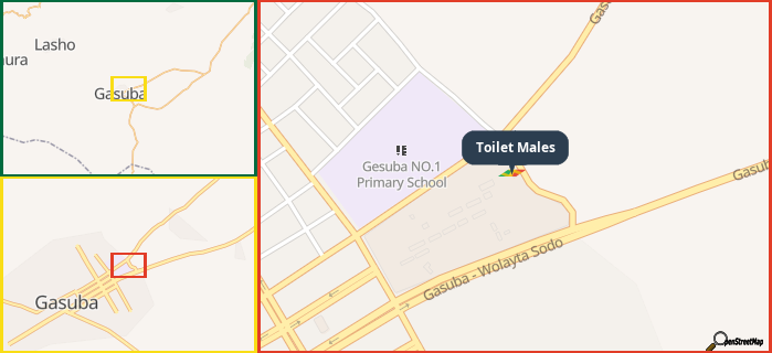 Map showing the address of Toilet Males in three different zoom levels.