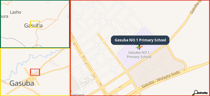 Map showing the address of Gesuba NO.1 Primary School in three different zoom levels.