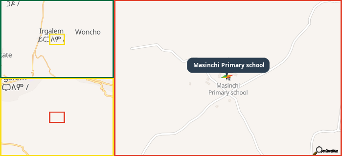 Map showing the address of Masinchi Primary school in three different zoom levels.
