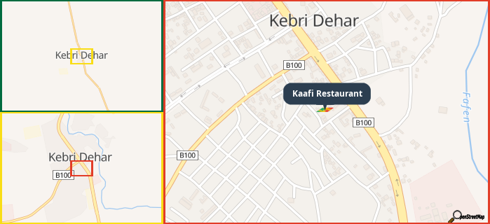 Map showing the address of Kaafi Restaurant in three different zoom levels.