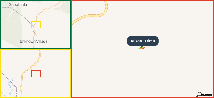 Map showing the address of Mizan - Dima in three different zoom levels.